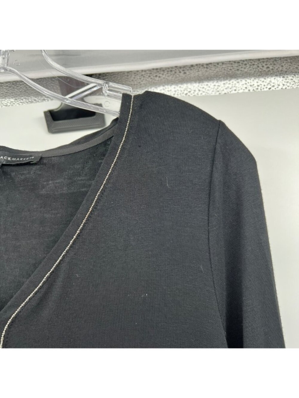 WHBM Womens Long Sleeve Top Black/Silver V-Neck Mixed Media Size XS - Picture 4 of 9